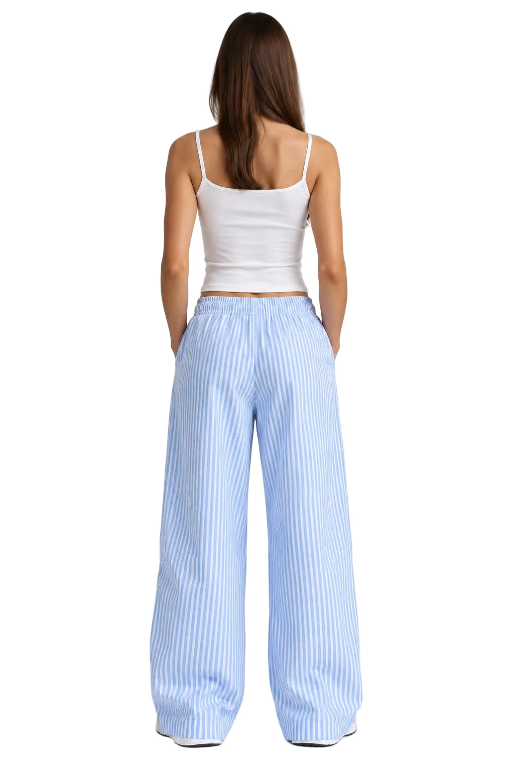 House of Loren blue stripe wide leg pants on model back