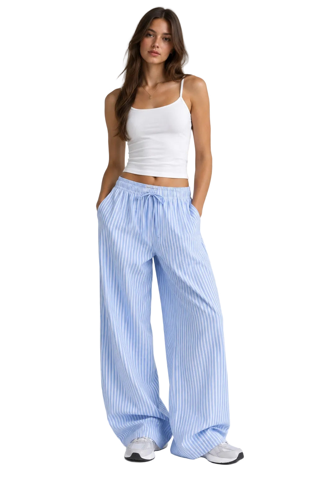 House of Loren blue stripe wide leg pants on model front