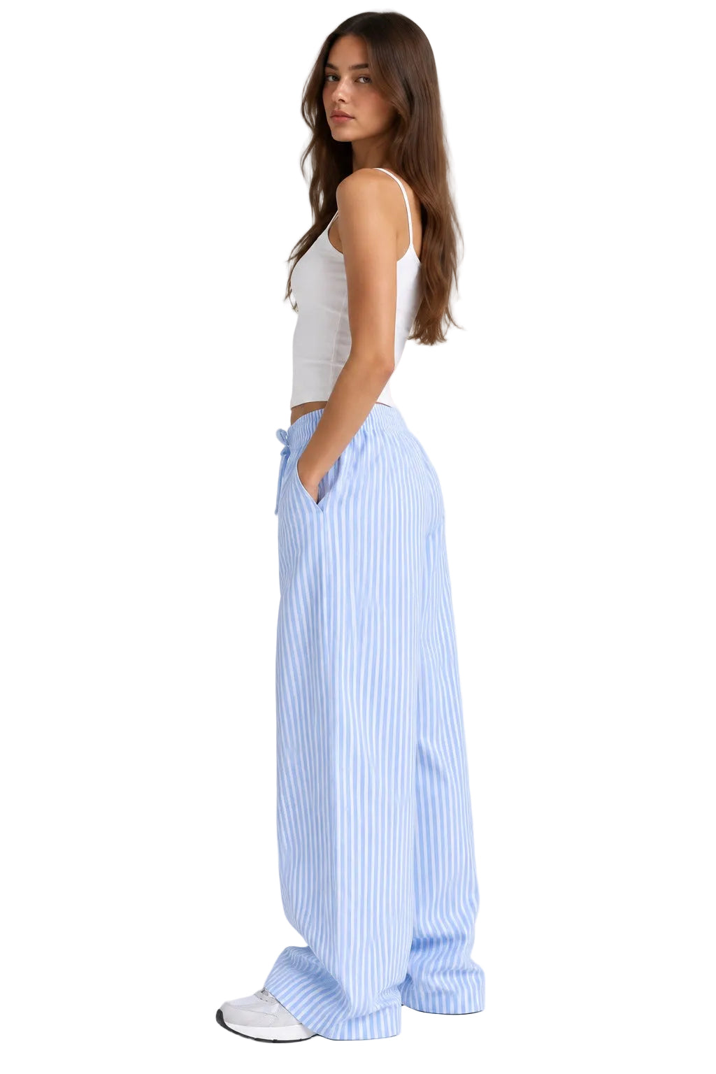 House of Loren blue stripe wide leg pants on model side