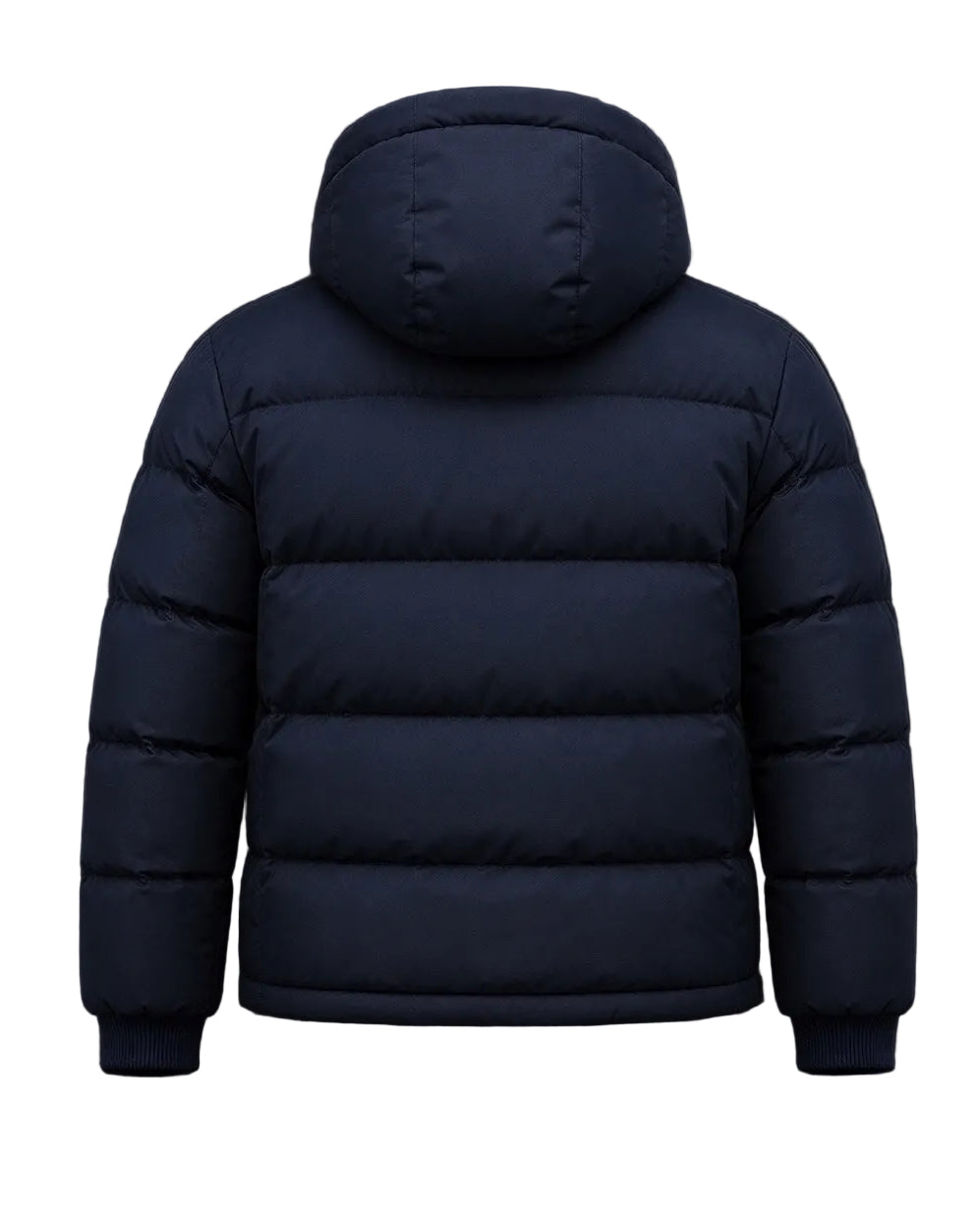 House of Loren navy puffer jacket back view