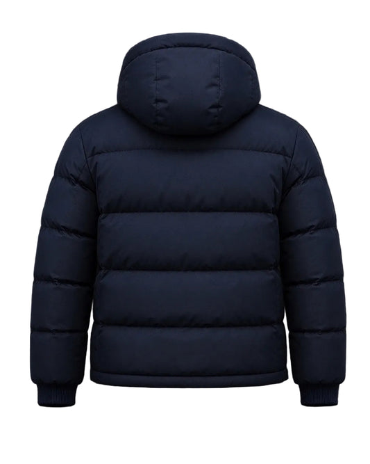 House of Loren navy puffer jacket back view