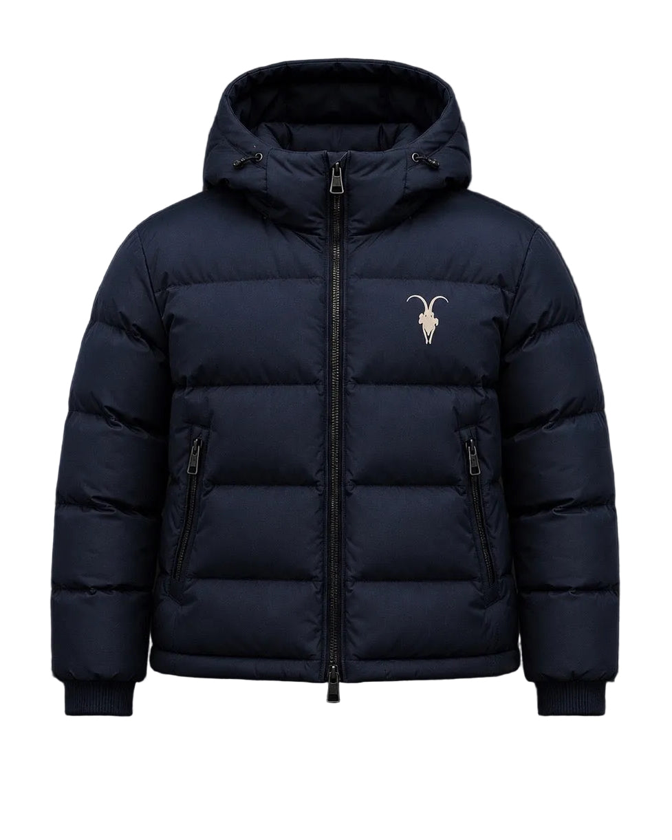 House of Loren navy puffer jacket front view