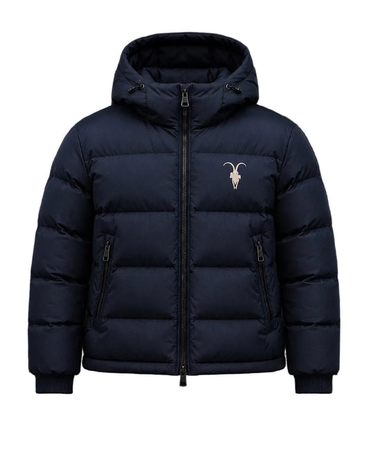 House of Loren navy puffer jacket front view