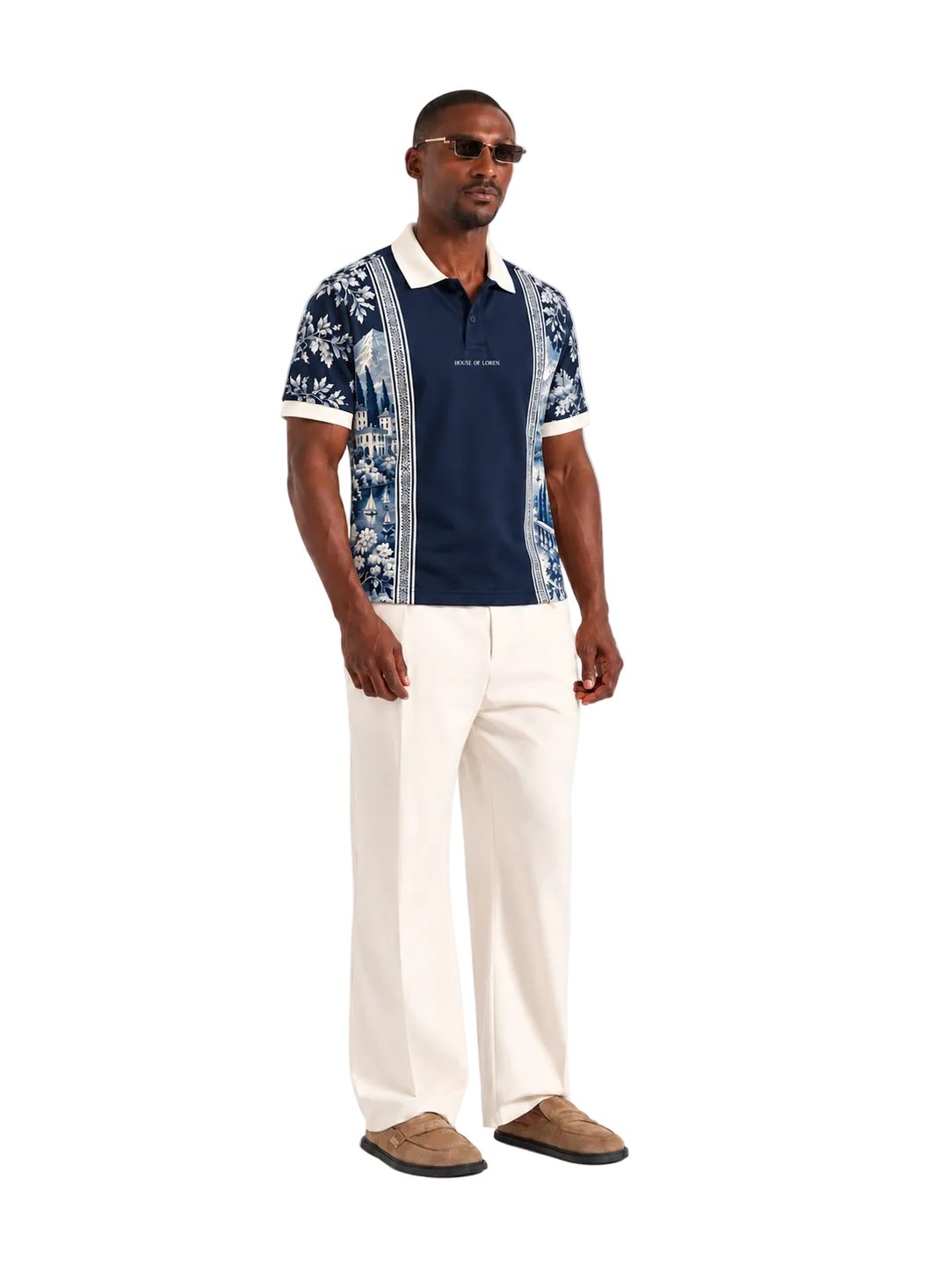 Riviera Toile Polo Navy am Model – vollständige Studioansicht